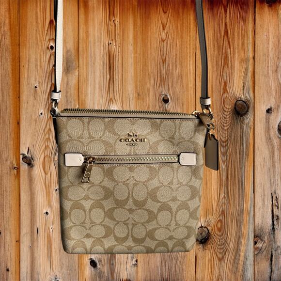 NWOT! COACH Rowan Mini File Crossbody Bag in Light Khaki and Chalk - Picture 1 of 5